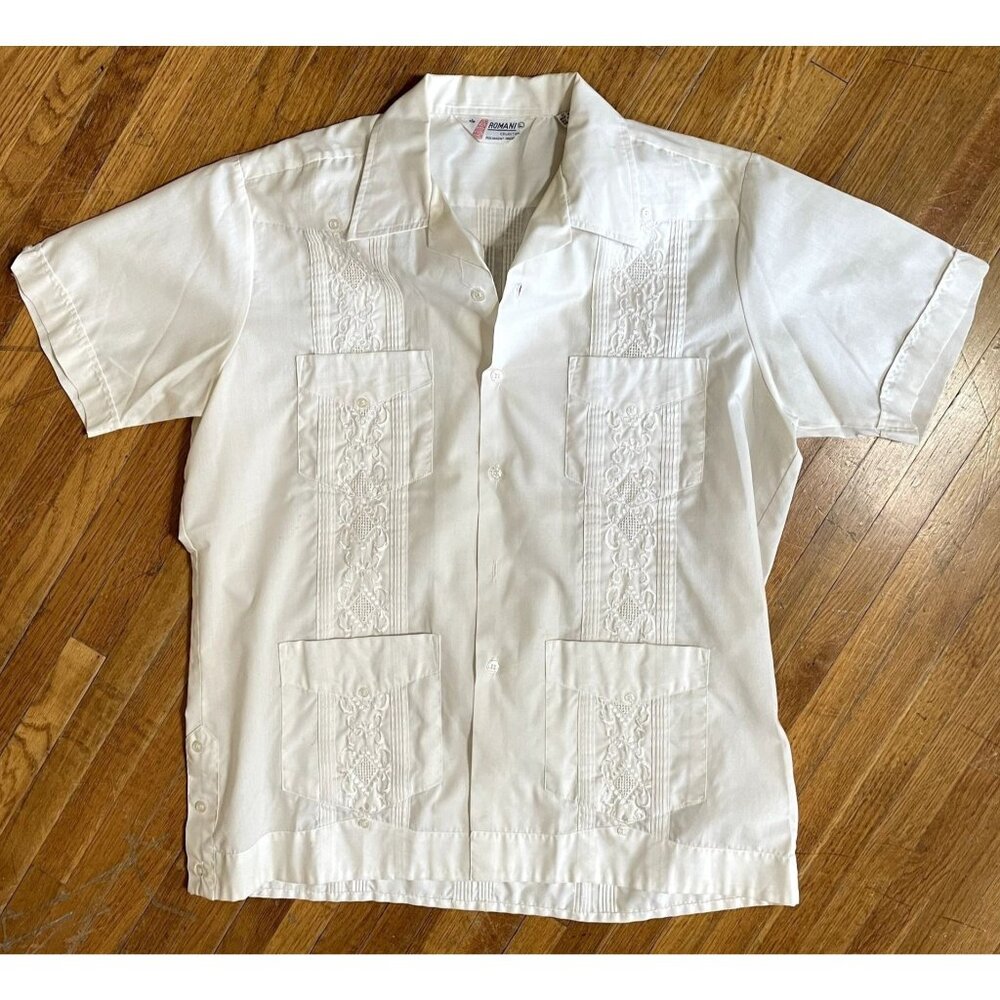 Vintage Romani Lightweight White 4 Pocket Short Sleeve Guyabera Casual Shirt L